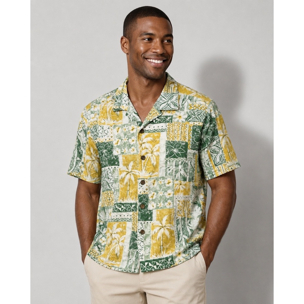 Hawaiian Reserve Collection Mens Aloha Shirt Green Yellow Patchwork Floral XL